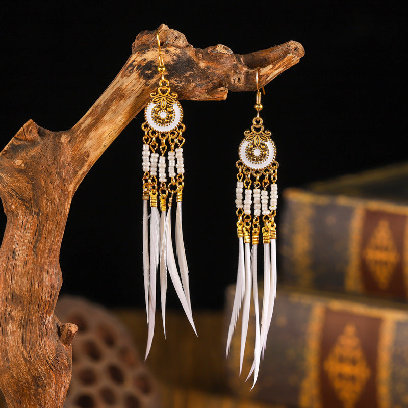 Women's Oil Dripping Round Small Colorful Feather Slimming Long Tassel Yunnan Stud Earrings