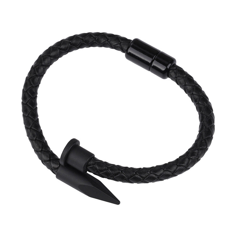 Men's Nail Head Woven Cowhide Stainless Steel Simple Black Bracelet