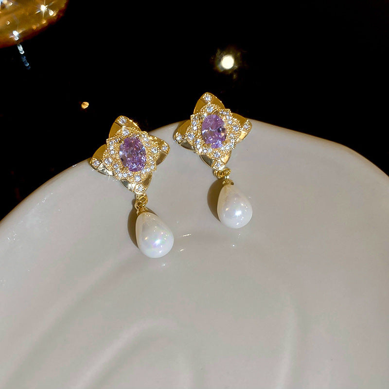 French Royal Style Zircon Geometric Flower Light Luxury High-grade Earrings