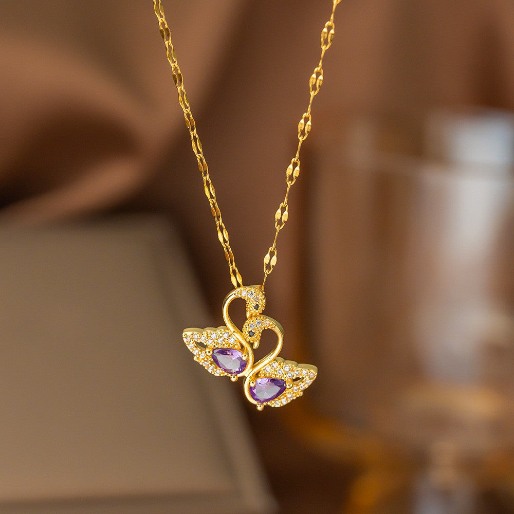 Steel Female Micro Inlaid Pink Diamond Necklace