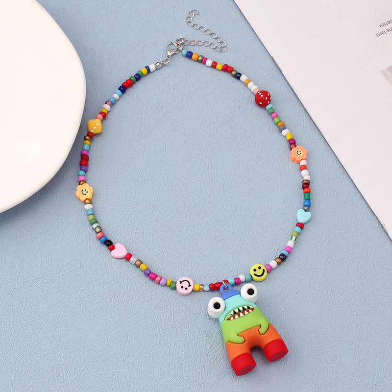 Rainbow Cartoon Polymer Clay Monster Niche Hip Necklace