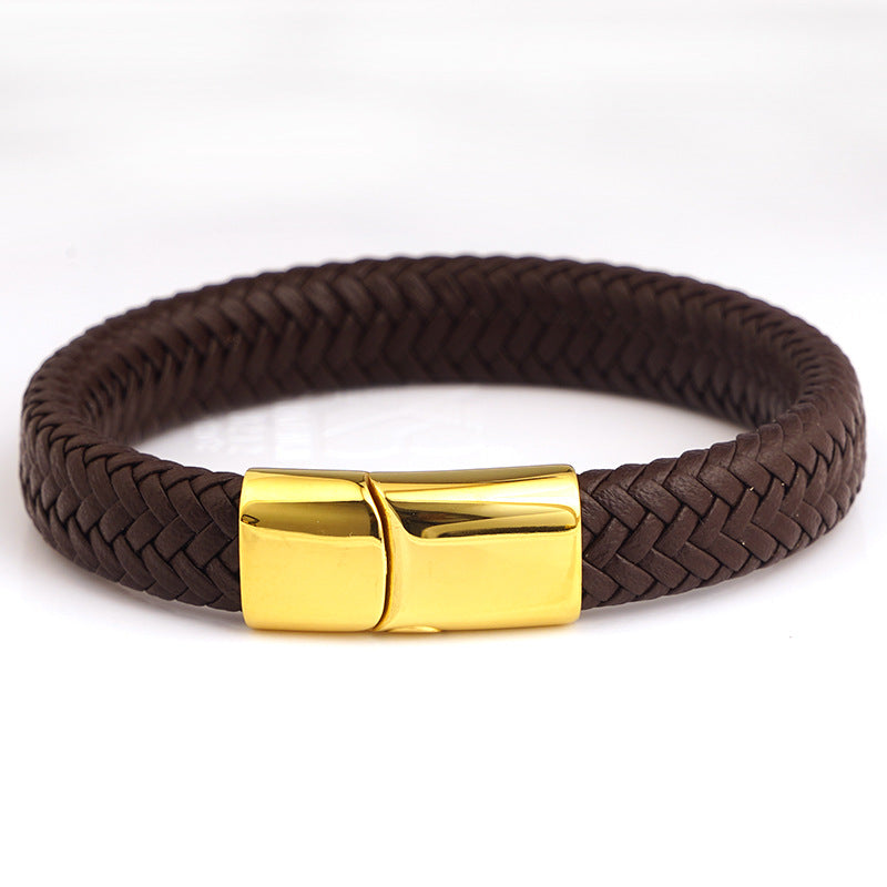 Men's Steel Stainless Magnetic Snap Genuine Leather Rope Bracelets