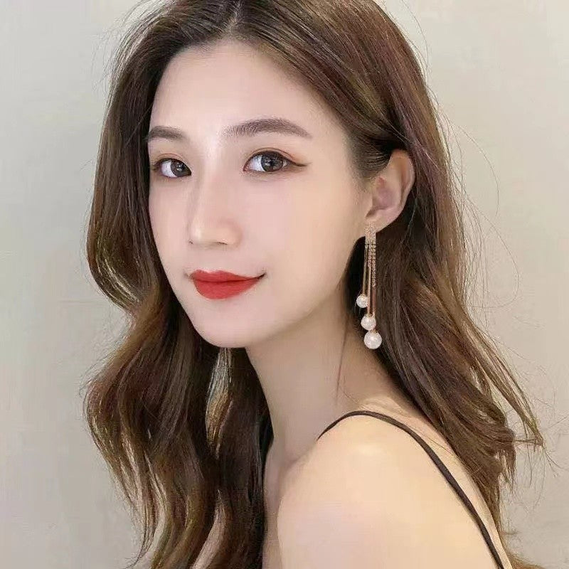 Sier Needle Red Pearl Tassel Eardrops Female Fashion Long Rings