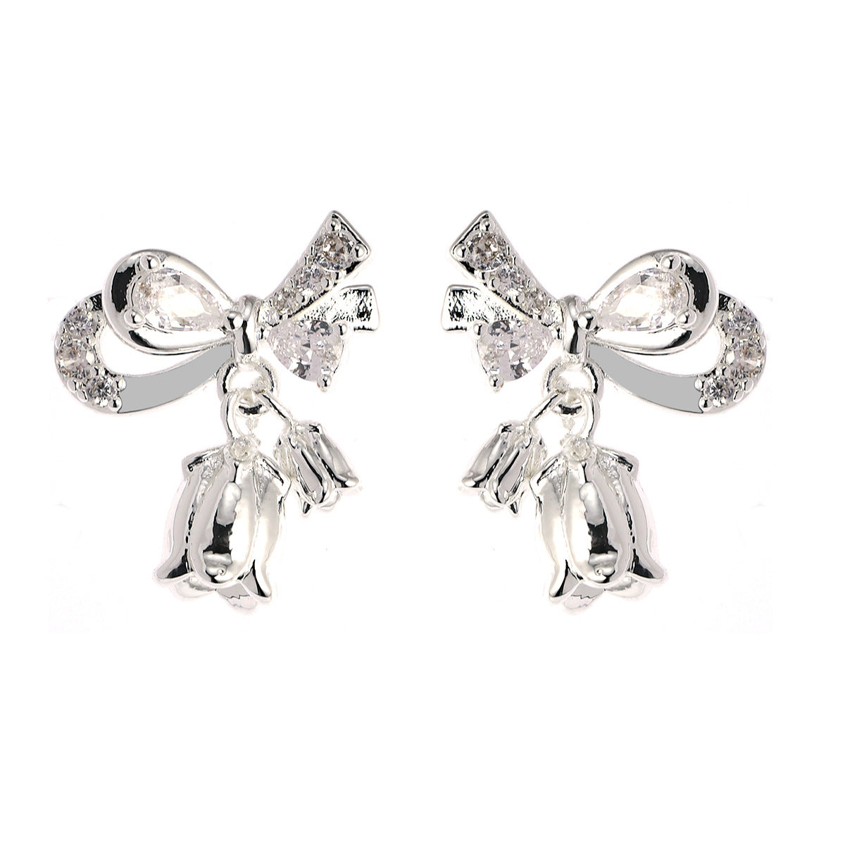Sier Needle Light Luxury Zircon Bow Flower Niche Sweet Design Earrings