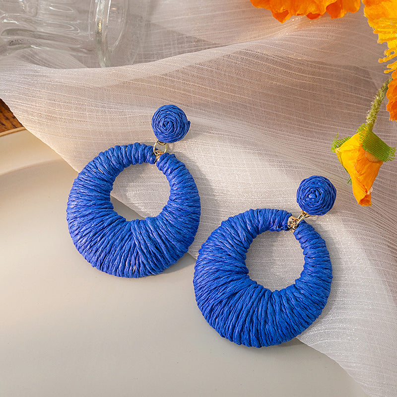 Women's Style Round Colorful Raffia Woven Hollowed Earrings