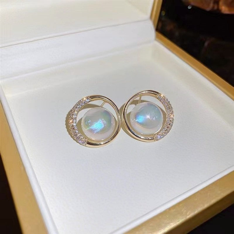 Zircon Circle Mermaid Pearl Sier Elegant High-grade Earrings