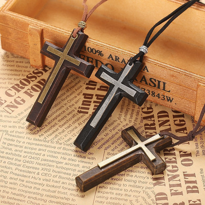 Retro Handmade Double Alloy Wood Cross Boys Long Sweater Chain Pendants