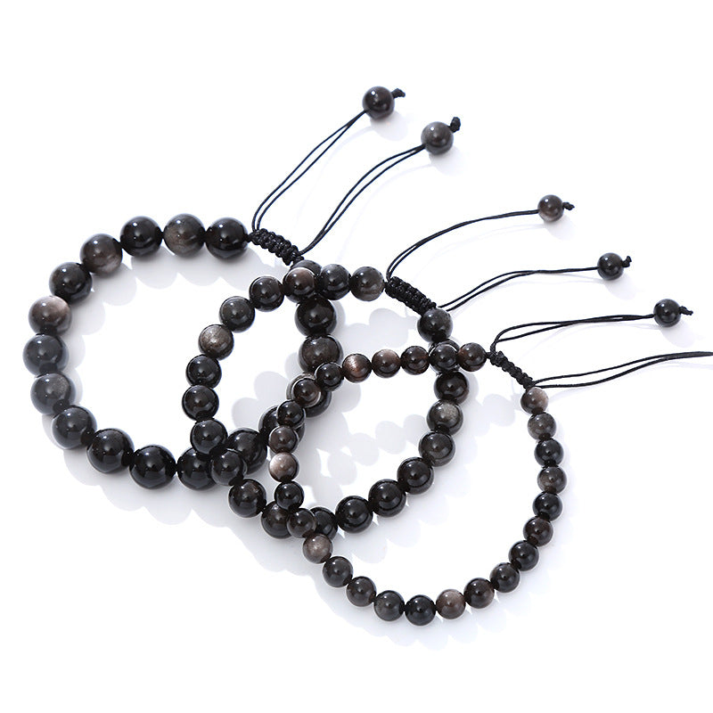 Men's Natural Sier Stone Obsidian Round Beads Bracelet