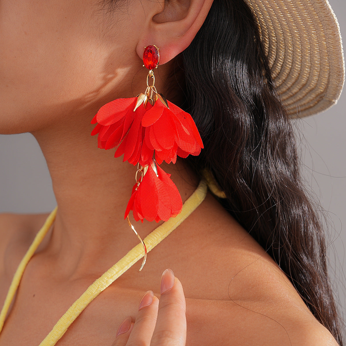 Metal Chiffon Flower Tassel Sier Pin Beach Earrings