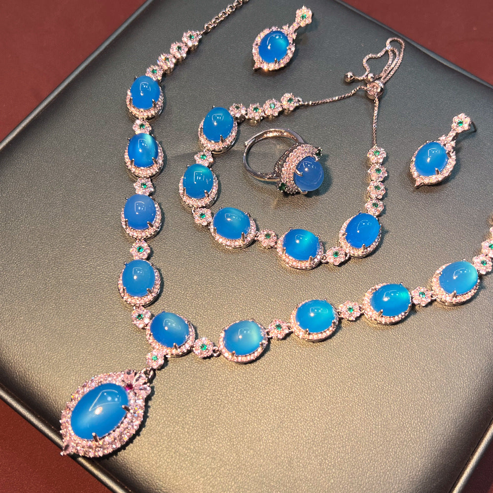 Chinese Sapphire Chalcedony Retro Court Sier Jewelry Set