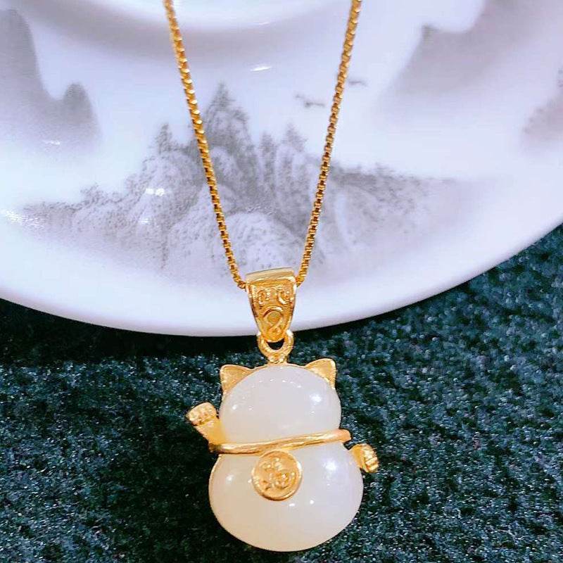 Sier Lucky Cat Natural Jade Cute Girlfriend Gift Light Necklaces