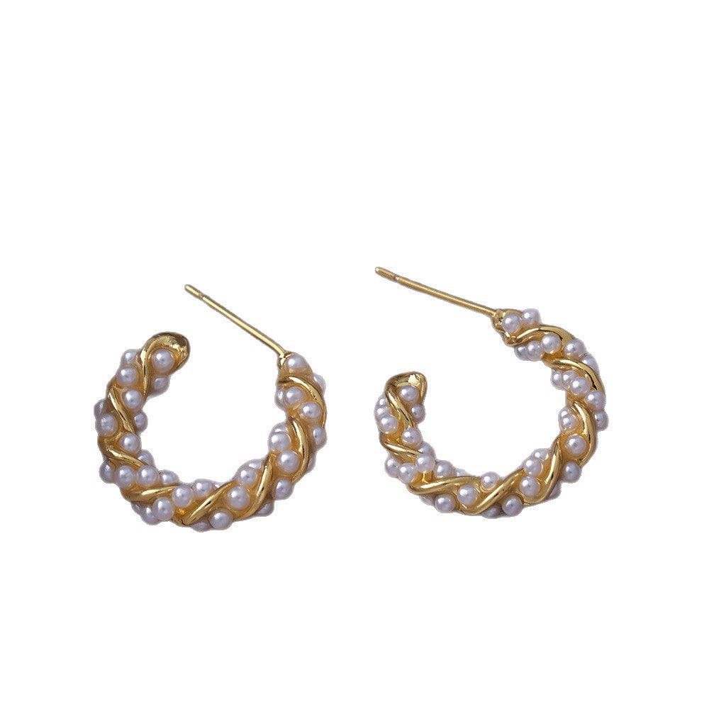Women's Woven Pearl Sier Needle Everyday Joker Stud Earrings
