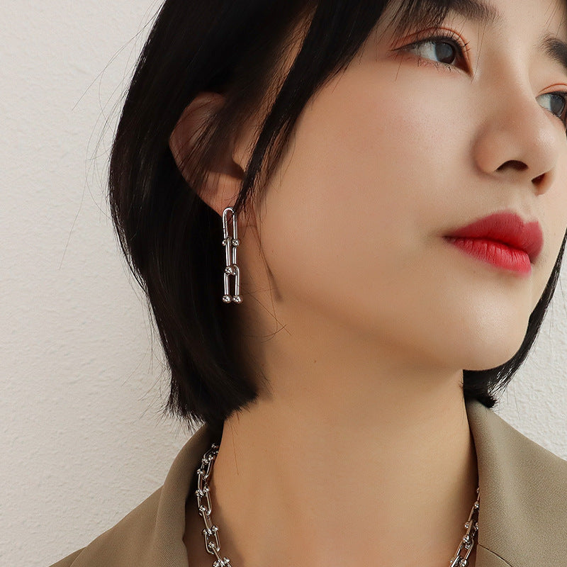 Exaggerated Design Vachette Clasp U-shaped Ear Titanium Steel Gold Jewelry Set