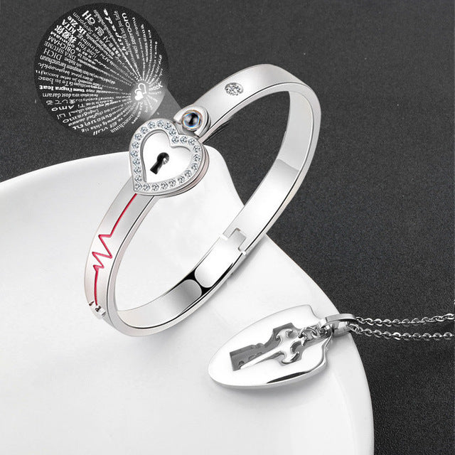 Women's & Men's Valentine's Day Gift Titanium Steel Couple Lock Heart Key Bracelet
