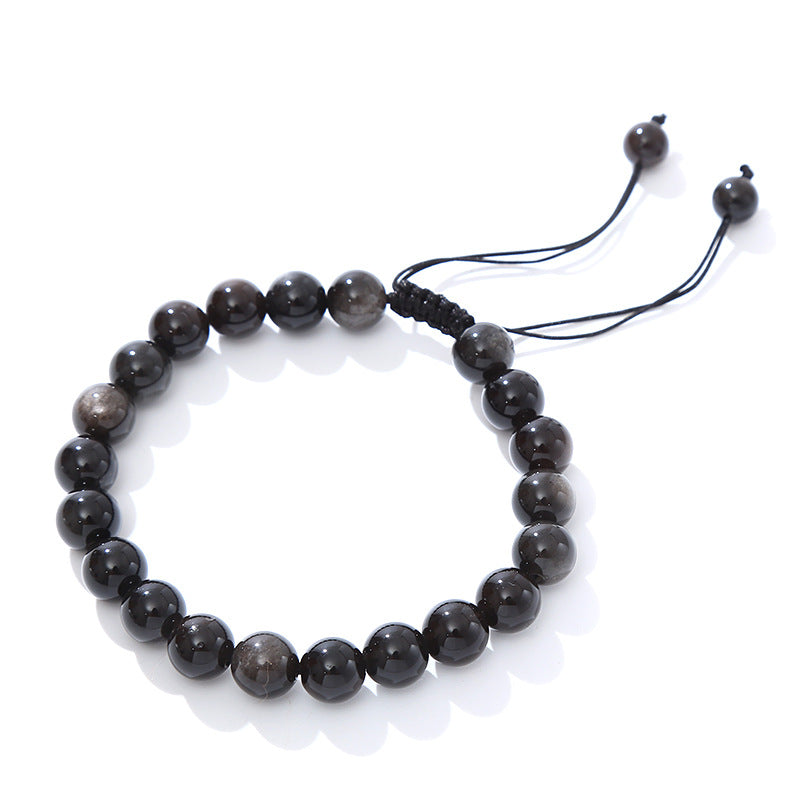Men's Natural Sier Stone Obsidian Round Beads Bracelet