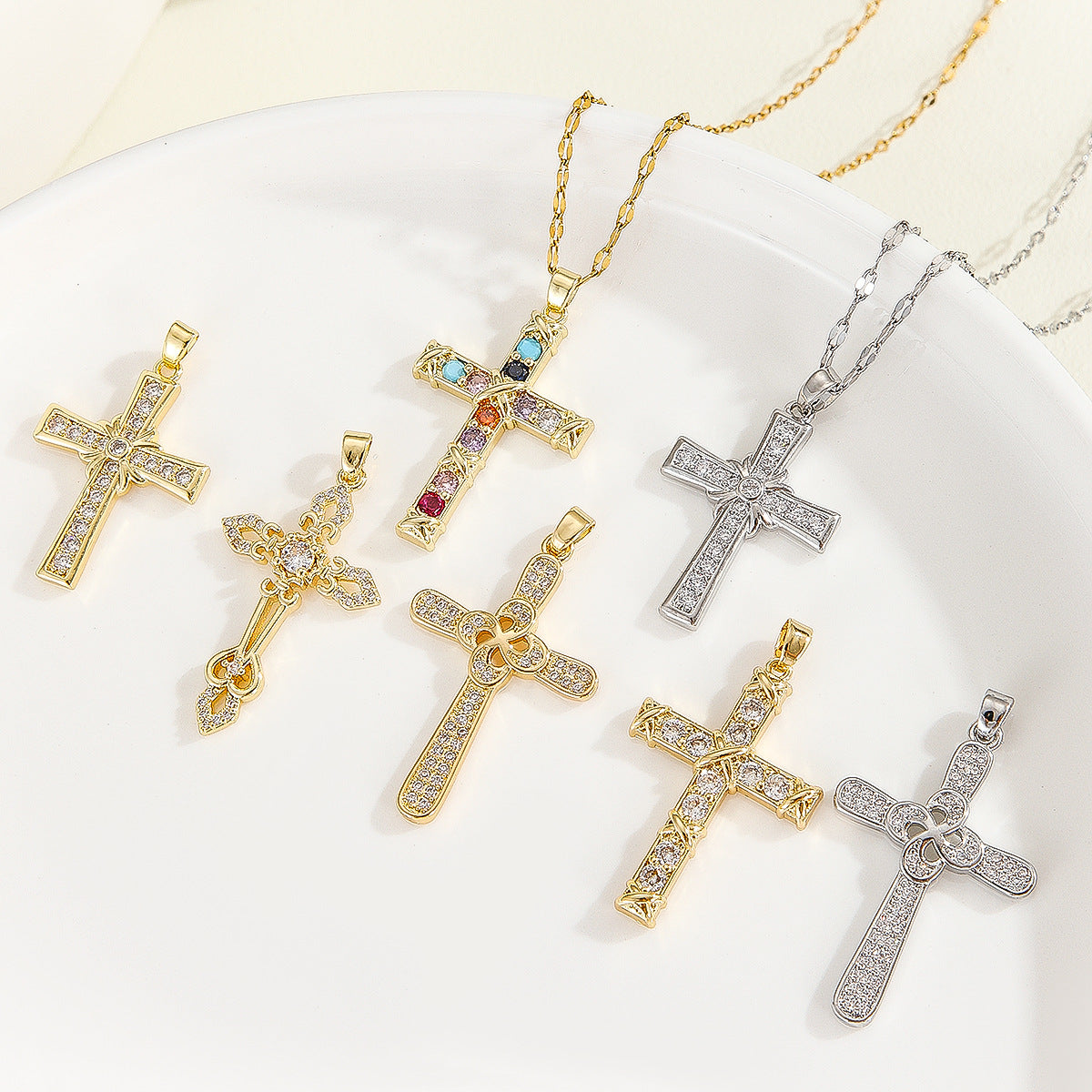 Religious Simple Copper Inlaid Zircon Stainless Steel Chain Pendant
