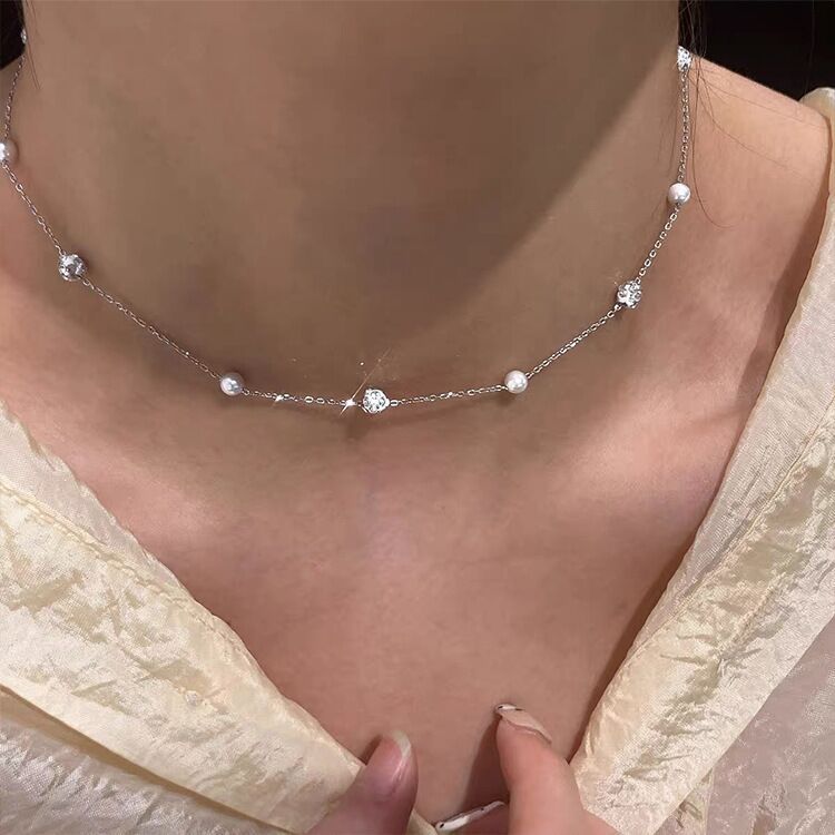 Baroque Bright Pearl Shining Diamond Simple Niche Starry Necklace