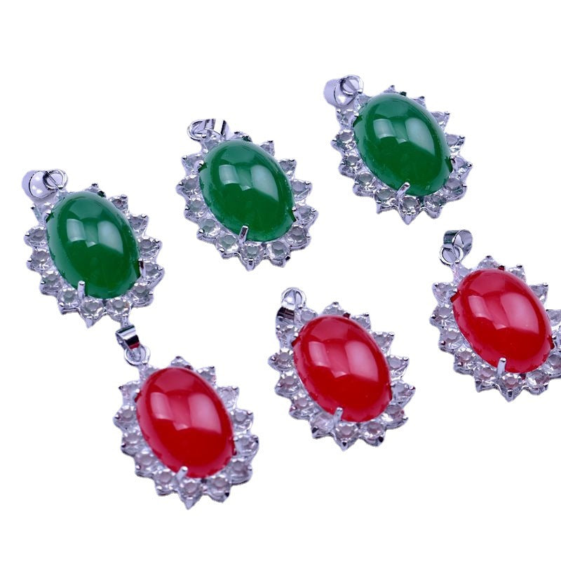 Ethnic Red Green Water Drop Chalcedony Surrounding Diamond Pendant