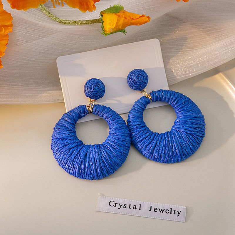 Women's Style Round Colorful Raffia Woven Hollowed Earrings