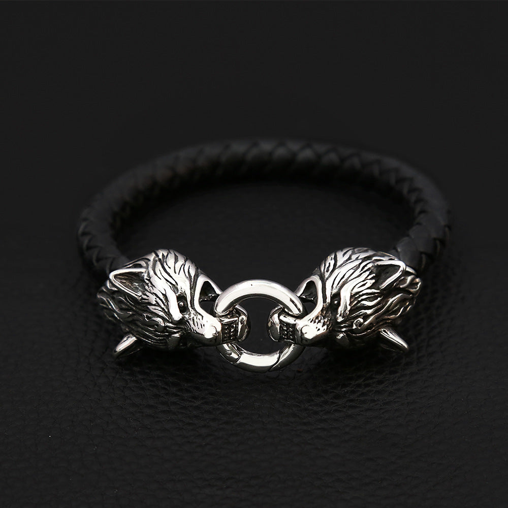 Men's Viking Titanium Steel Wolf Head Handmade Leather Cord Personalized Bracelets