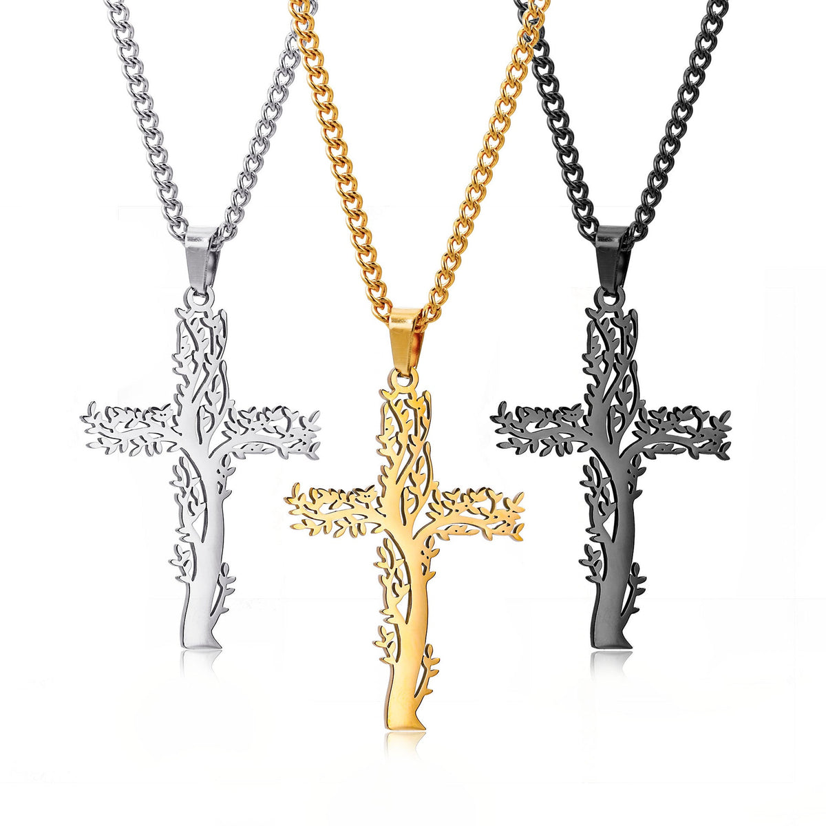 Men's Titanium Steel Lucky Tree Cross Personalized Hip Hop Fashion Necklaces