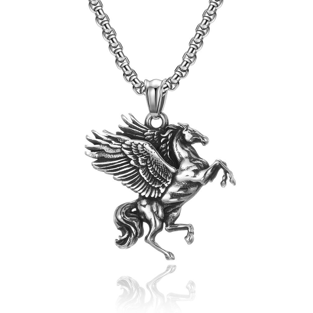 Women's & Men's Retro Style Greek Mythology Titanium Steel Pegasus Unicorn Double Wings Necklace