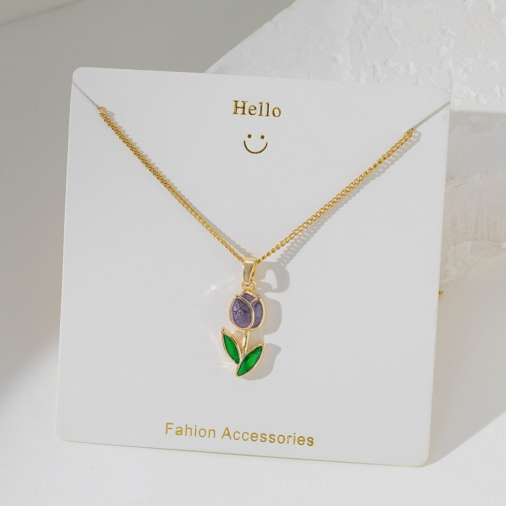 Steel Female Micro Inlaid Pink Diamond Necklace