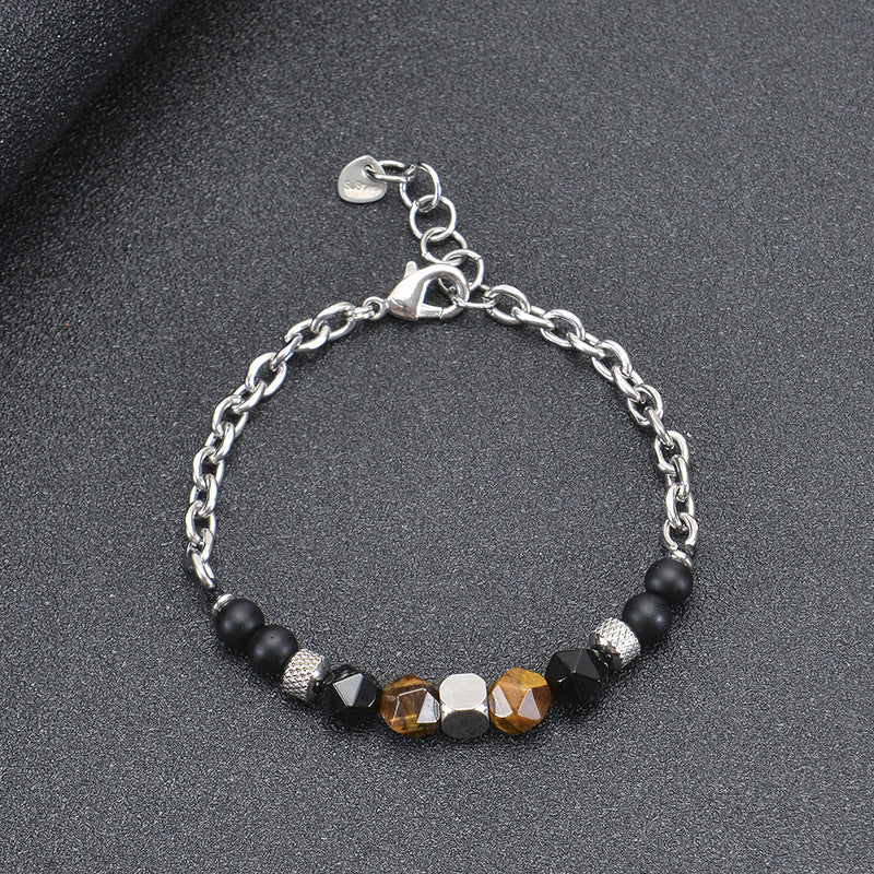 Men's Frosted Stone Cut Natural Beaded Stainless Steel Bracelet