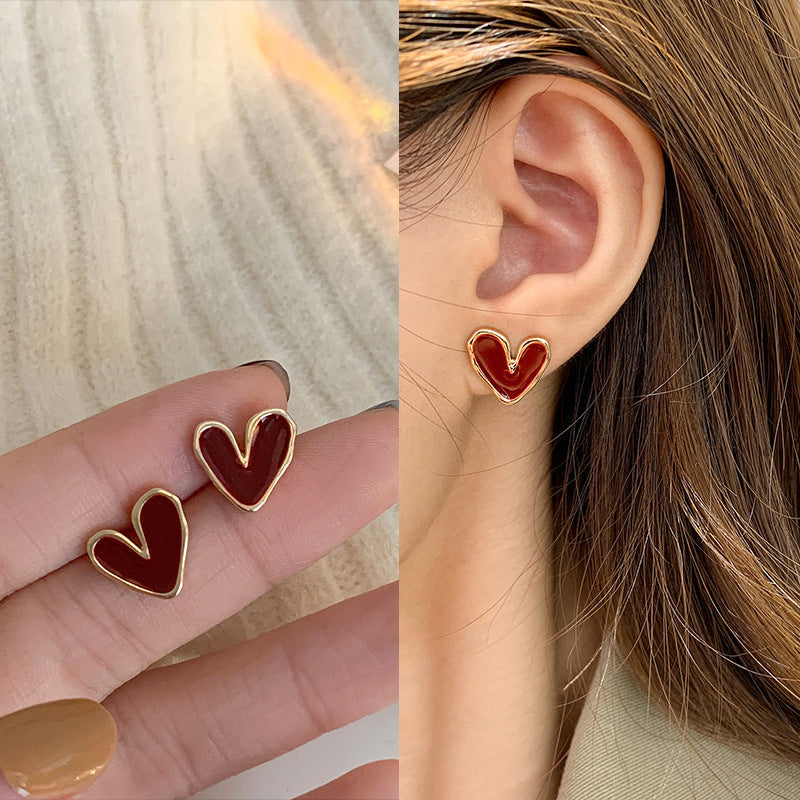 Women's Glazed Love Heart Style Temperamental Minority High-grade Ear Retro Small Rings