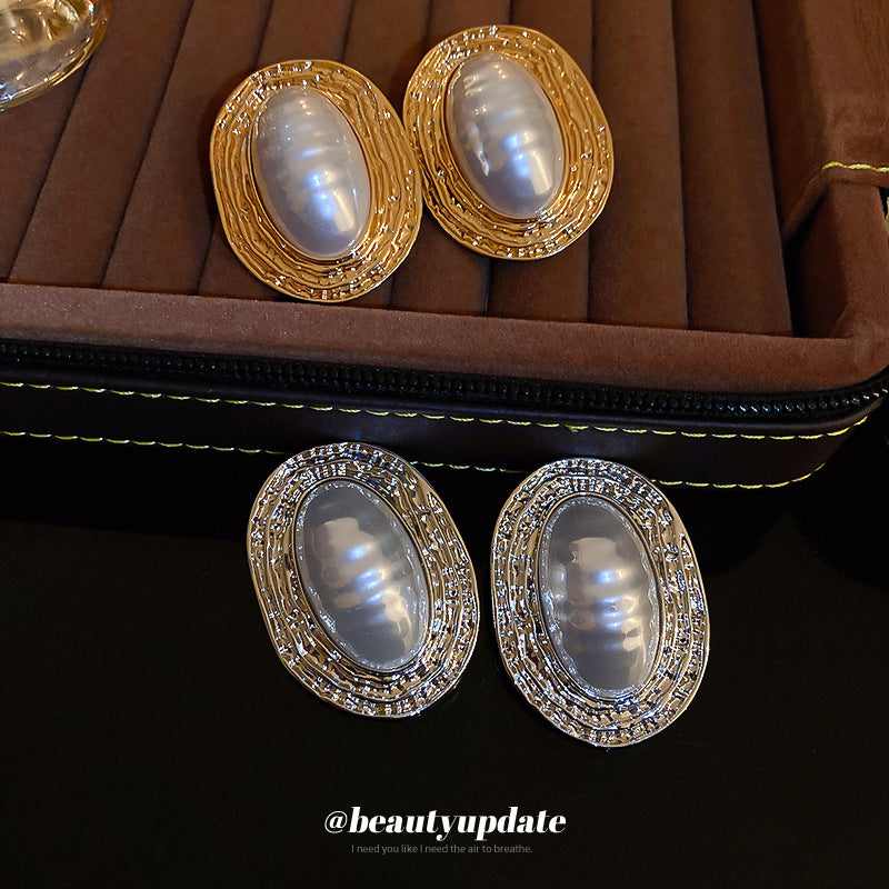 Pleated Striped Oval Pearl Retro Fashion High Sense Exaggerated Personalized Earrings