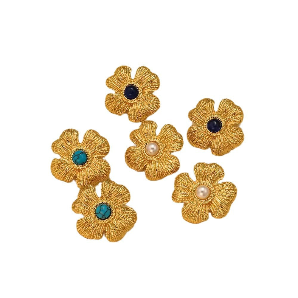 Gold-plated Titanium Classic Style Flower Inlaid Stud Earrings