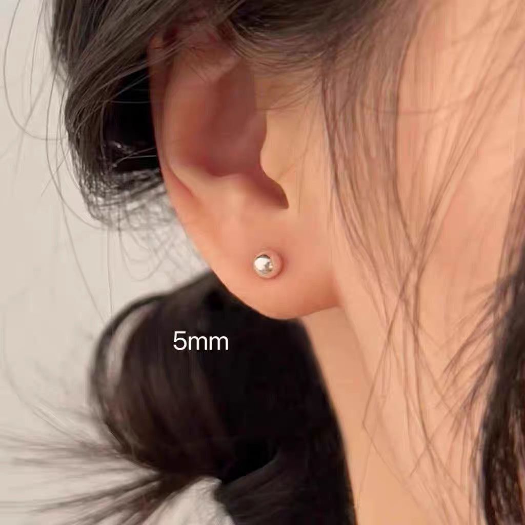 Classic Pure Glossy Bean-shaped Sterling Round Beads Stud Earrings