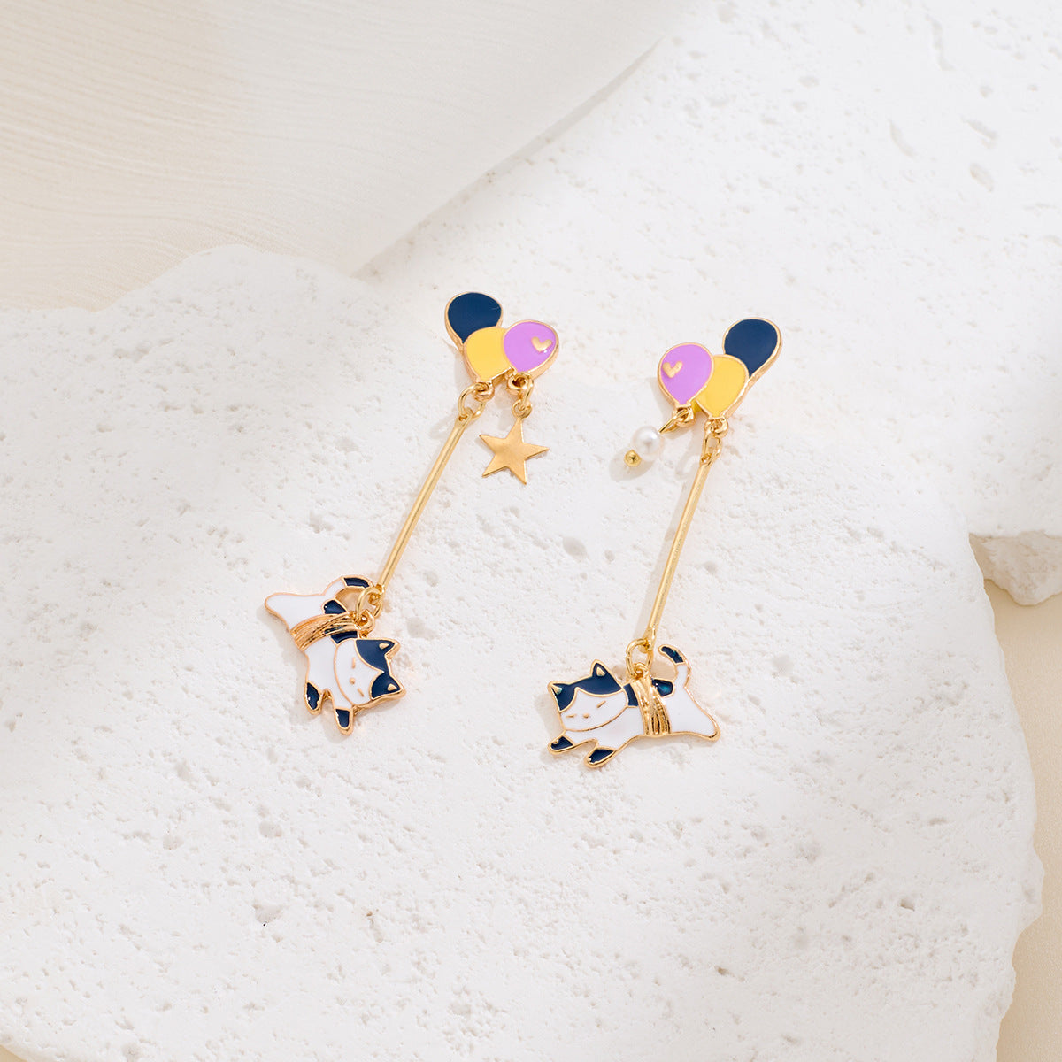 Design Sier Needle Long Cartoon Cat Contrast Color Balloon Love Rings