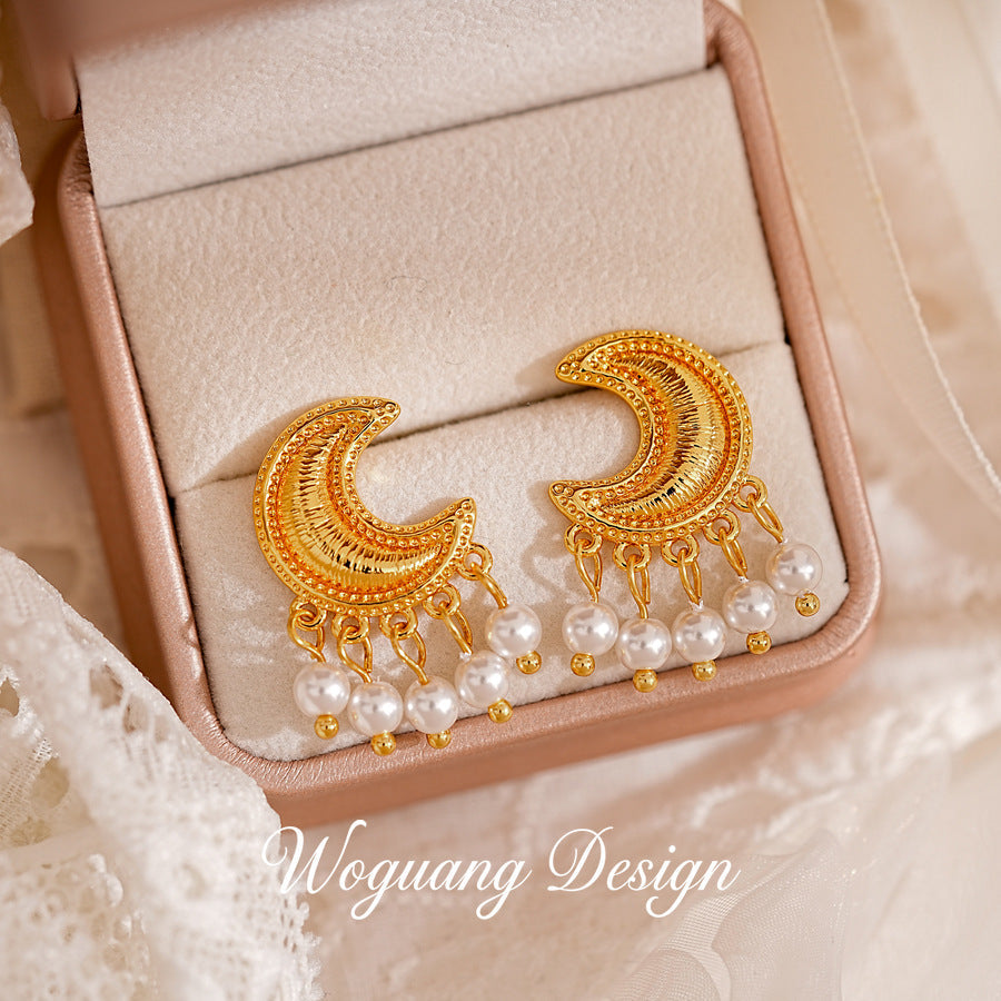Women's Pearl Tassel French Style Retro Elegant Light Luxury High Sense Stud Earrings
