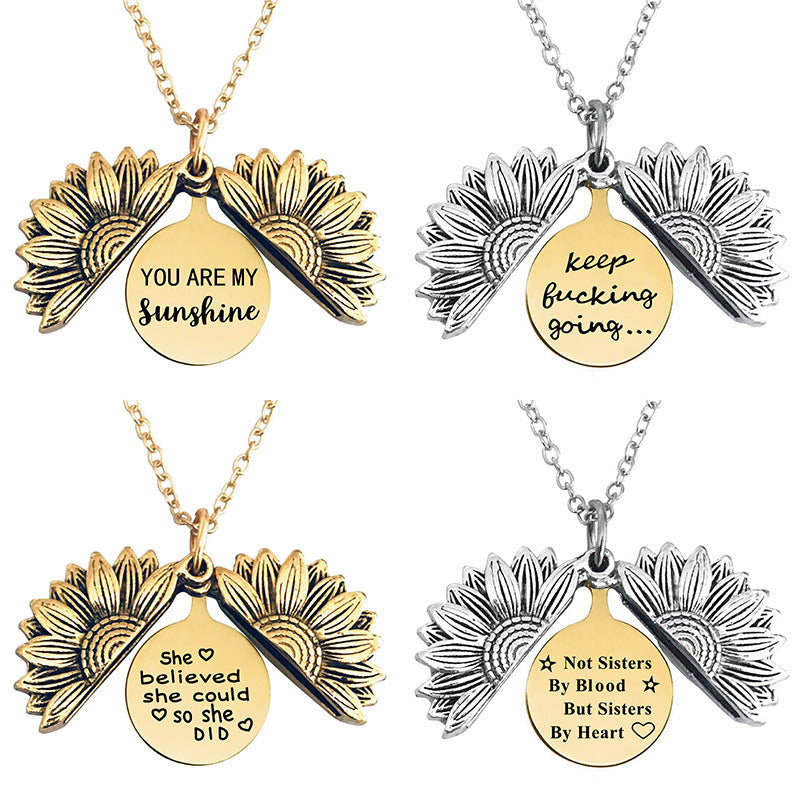 Vintage Sunflower Open Lettering Stainless Steel Necklaces