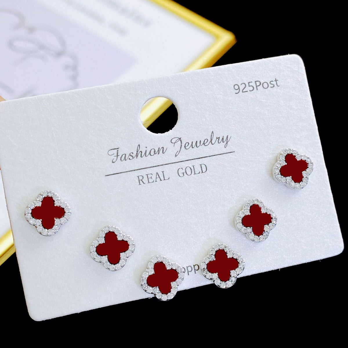 Exquisite Fashion Zircon Four-leaf Flower One Card Three Pairs Stud Earrings