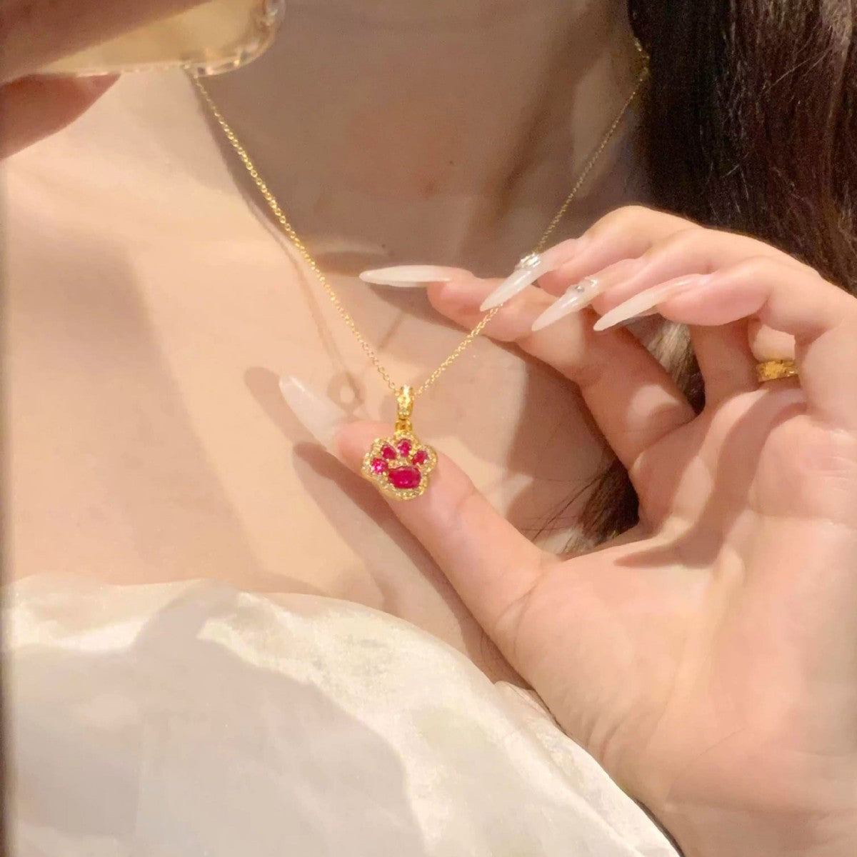 Women's Red Treasure Cat's Paw Cute Sweet White Necklaces