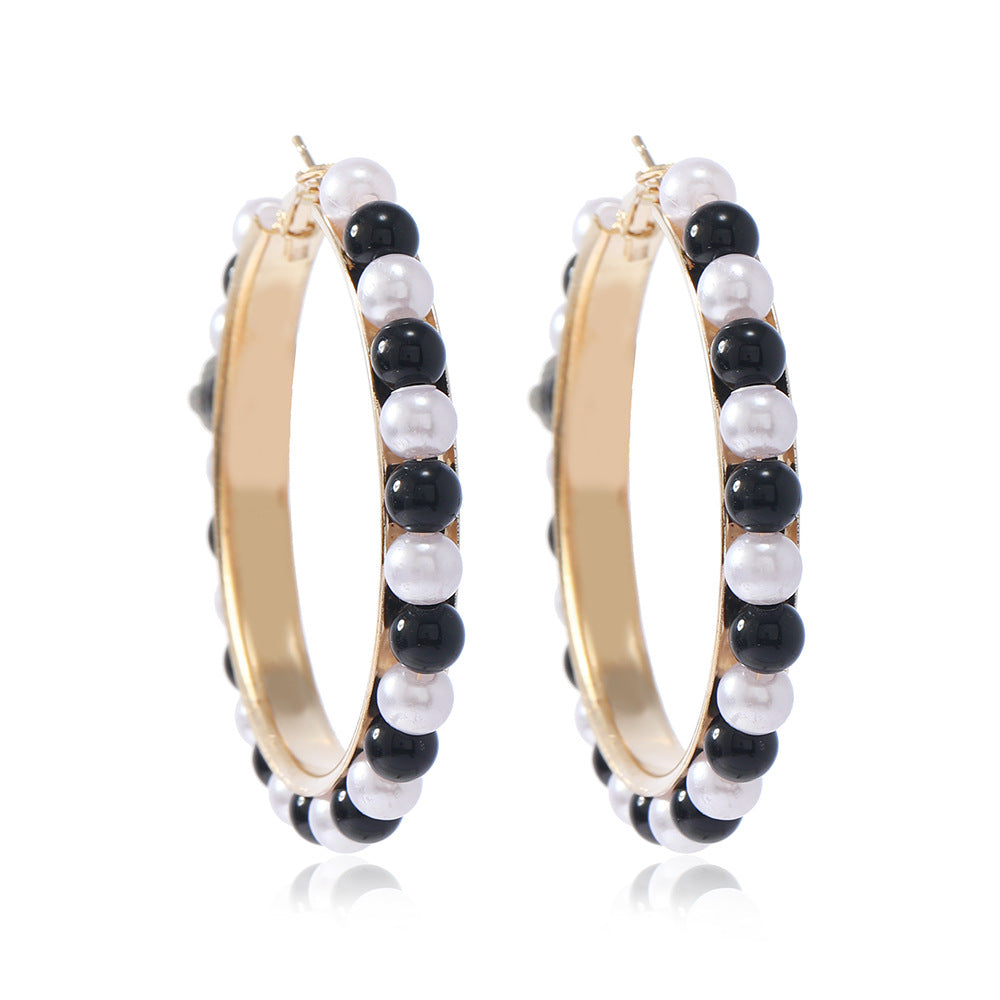 Black White Pearl Noodles Round Beads Elegant Shaped Bean-shaped Temperamental Earrings