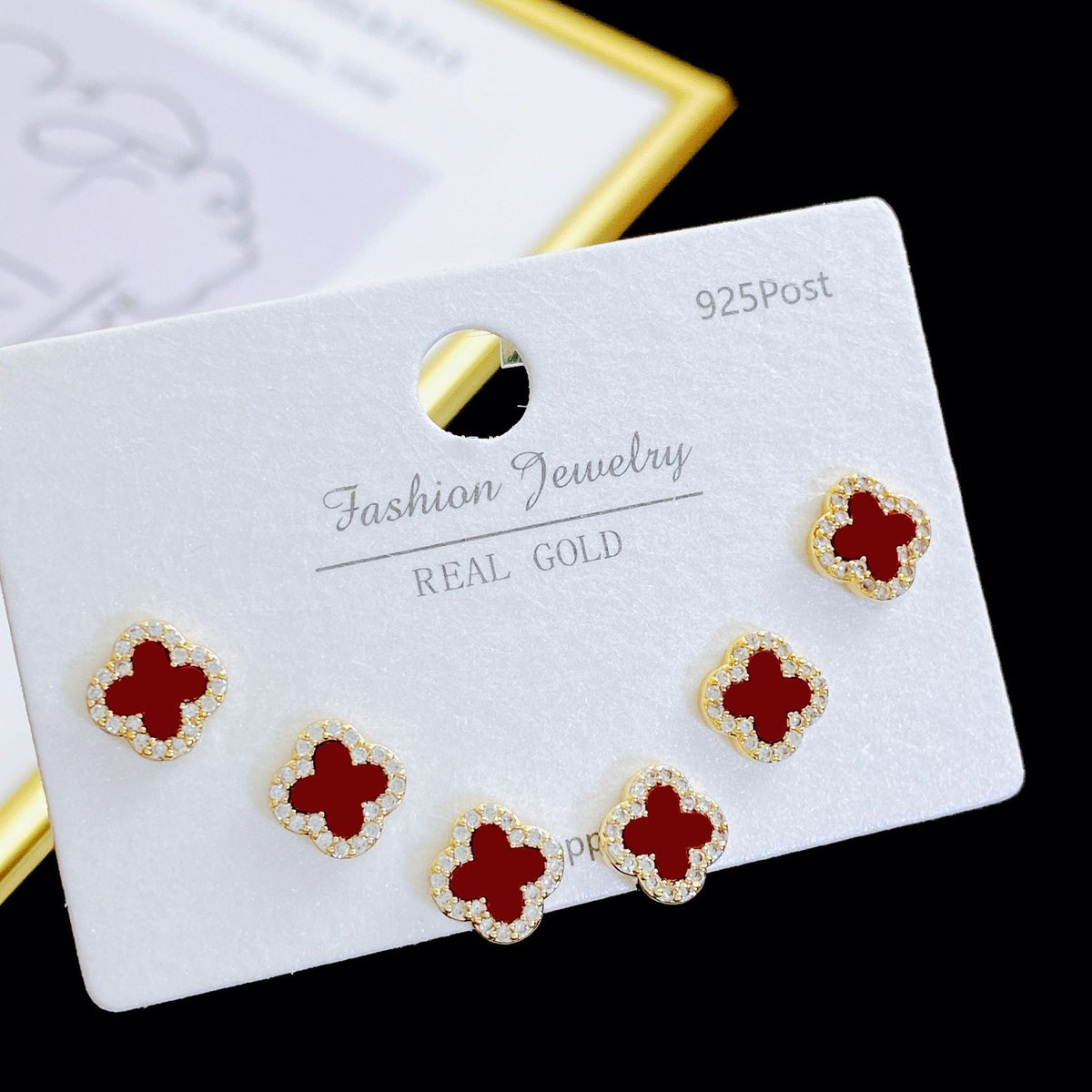 Exquisite Fashion Zircon Four-leaf Flower One Card Three Pairs Stud Earrings