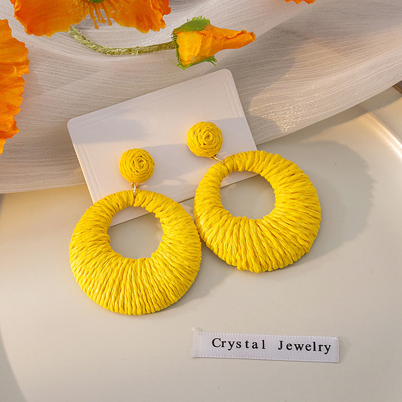 Women's Style Round Colorful Raffia Woven Hollowed Earrings