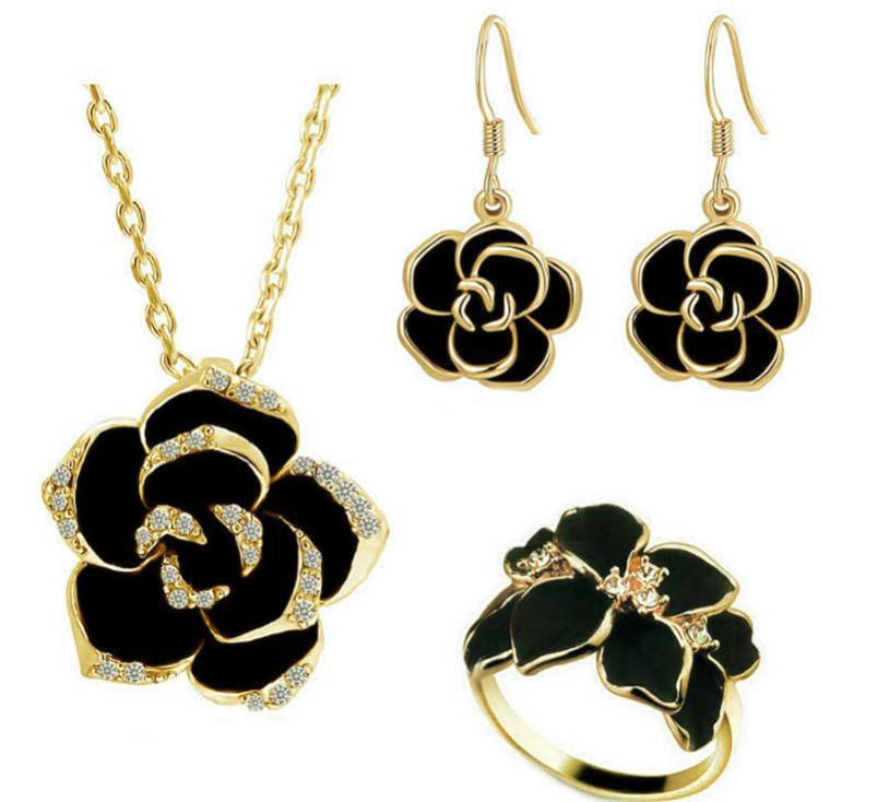 Fashion Three-piece Black Rose Wedding Suit Rings
