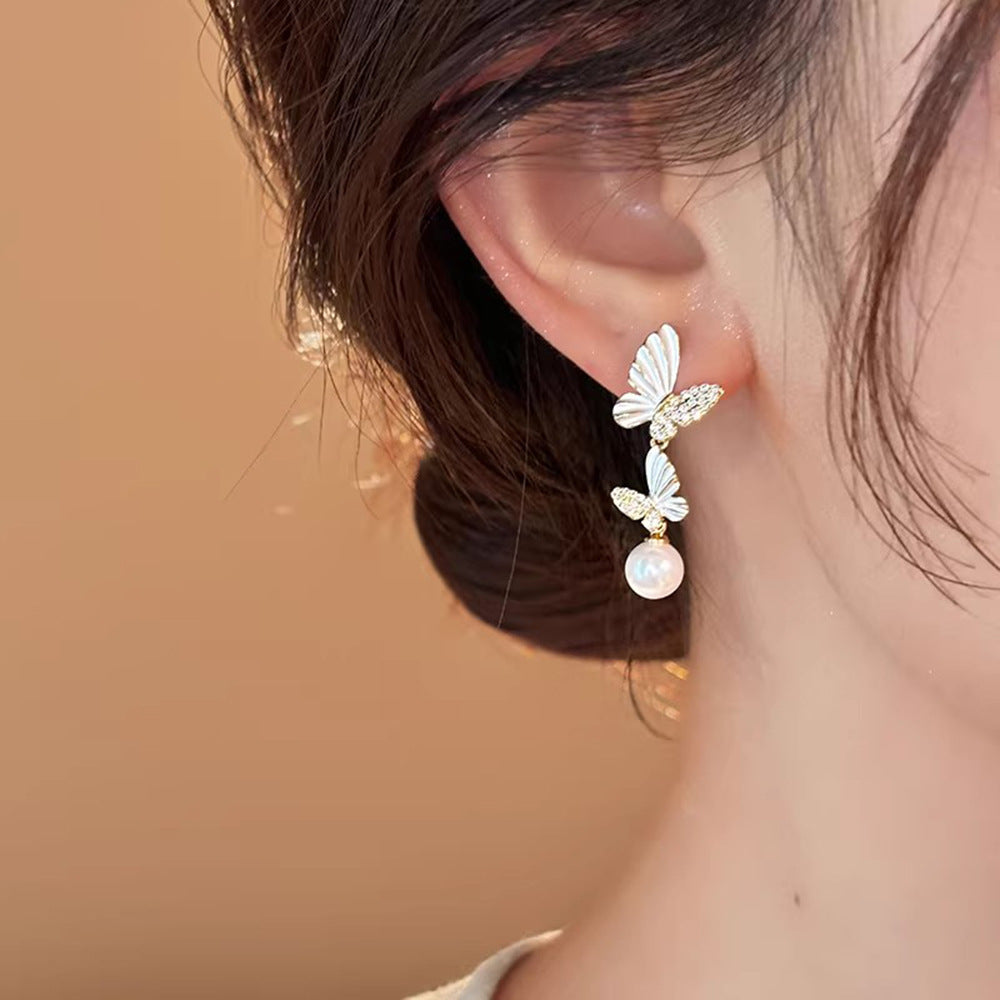 Asymmetric Butterfly Pearl Light Luxury High-grade Elegant Stud Earrings