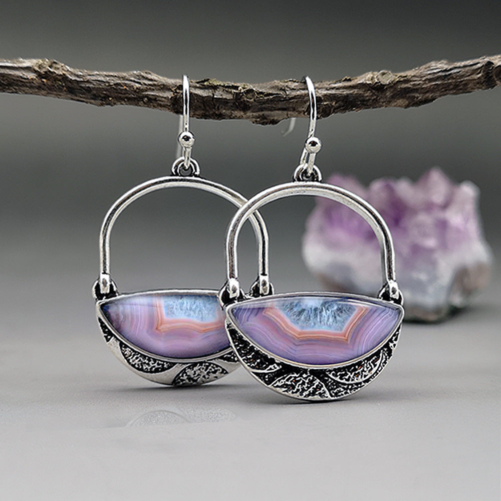 Purple Agate Sier Oxide Vintage Gemstone Earrings