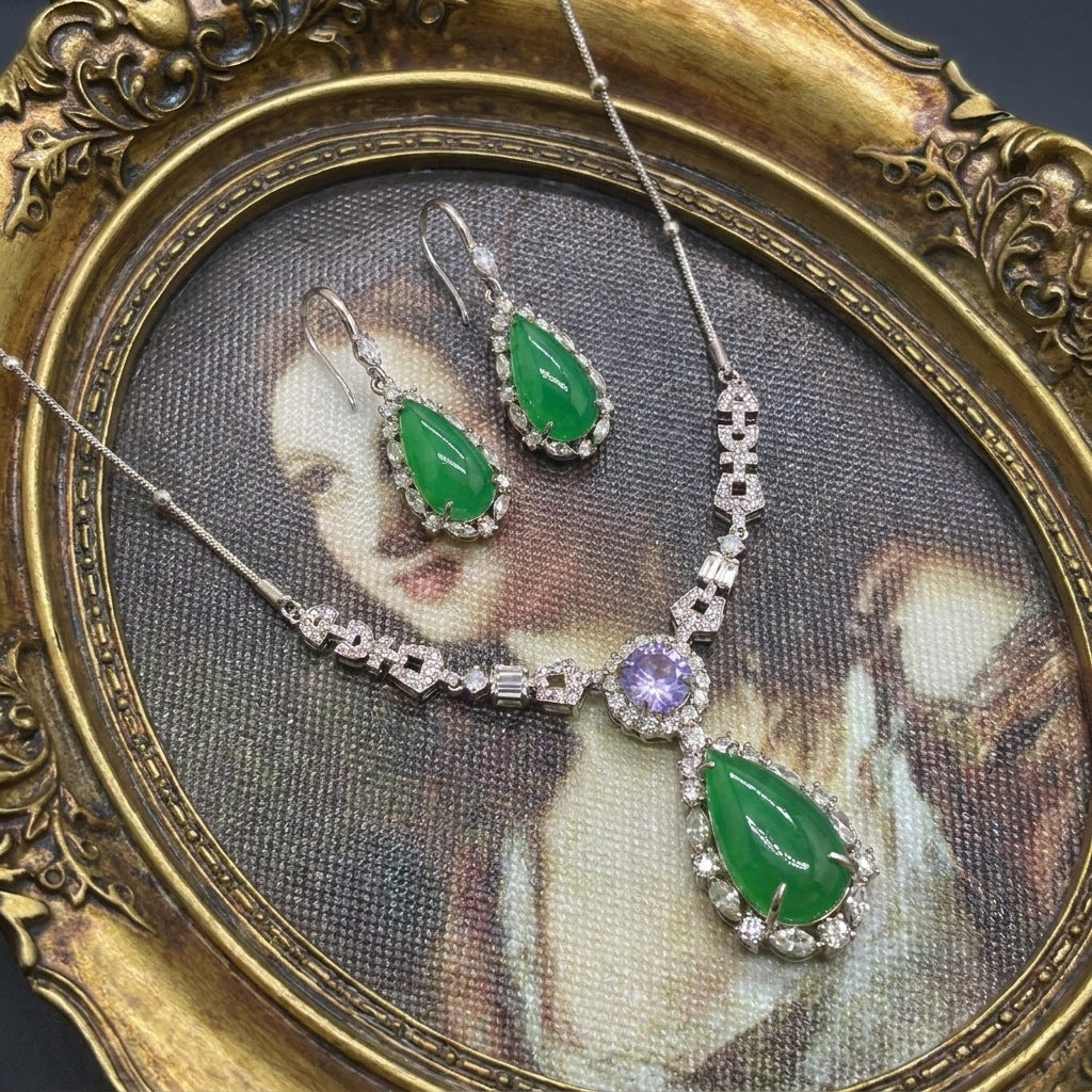 Royal Style Water Drop Emerald Dress With Light Jewelry Set
