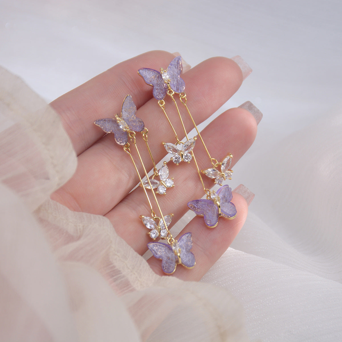 Graceful Tassel Purple Wings Zircon Fairy Delicate Light Stud Earrings