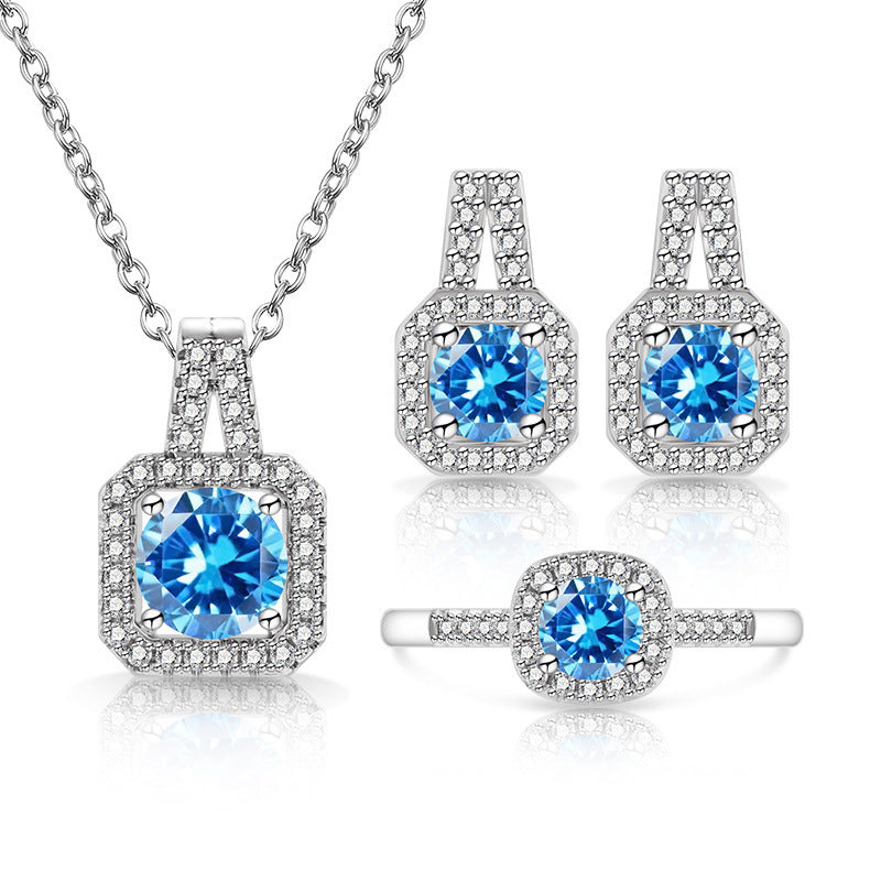 Broadcast Fashion Colored Gems Princess Square Bag Three-piece Suit Jewelry Set