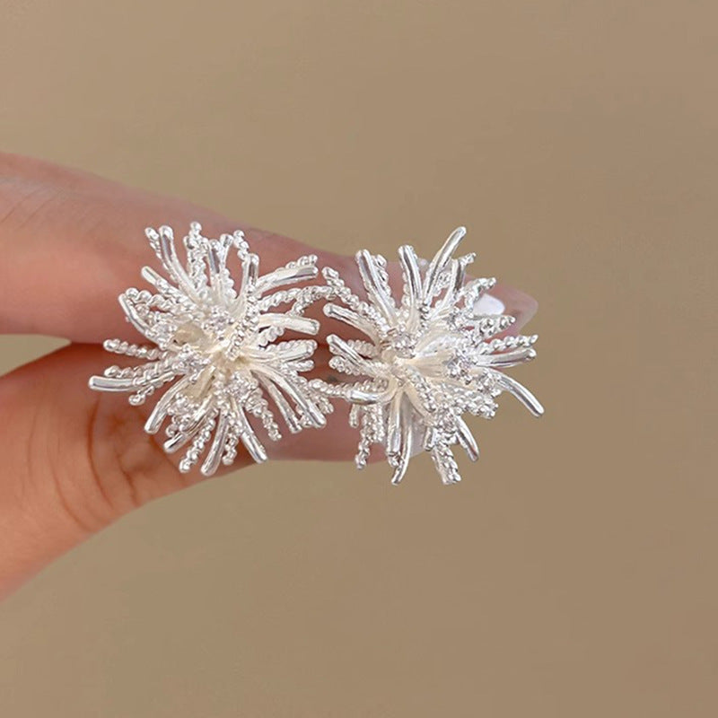 Women's Sier Fireworks Light Luxury Exaggerated High-grade Dandelion Niche Design Stud Earrings