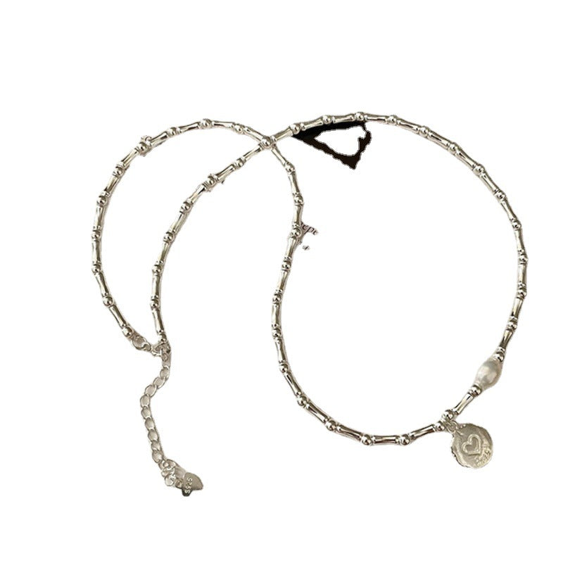 Women's Sterling Sier Handmade Bamboo Heart-shaped Pearl Necklace