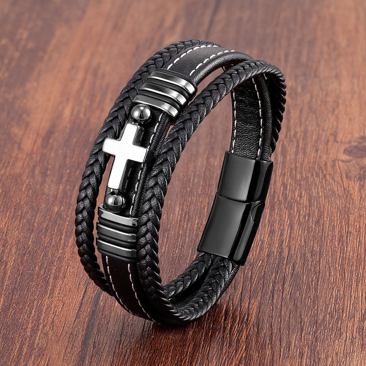 Men's Woven Leather Vintage Stone Cross Stainless Steel Bracelet