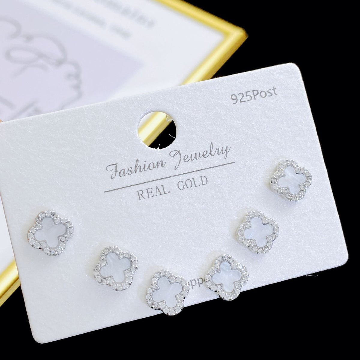 Exquisite Fashion Zircon Four-leaf Flower One Card Three Pairs Stud Earrings